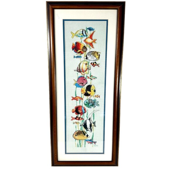 Vintage Monarch Horizons Cross Stitch CS34 Tropical Fish Framed 32" x 14"